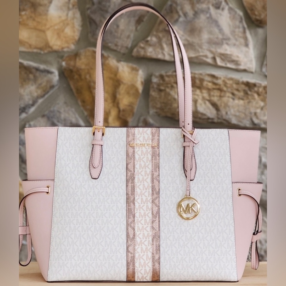 BNWT MICHAEL KORS GILLY LARGE DRAWSTRING TRAVEL LEATHER TOP ZIP TOTE